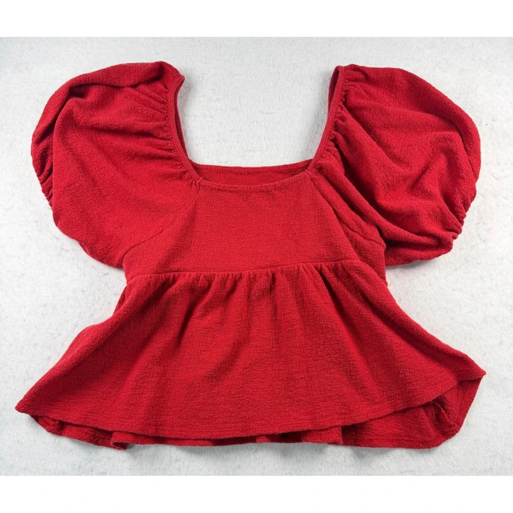 Madewell Red Square Neck Puff Sleeve Peplum Textured Blouse Top Medium Romantic